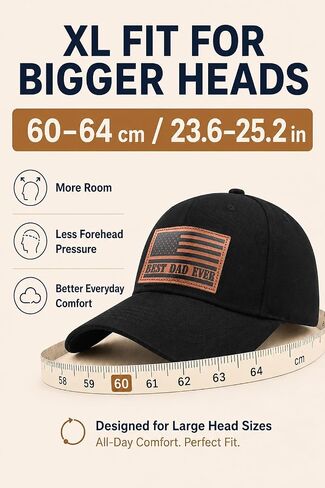 XL Big Head Dad Hats for Men, Best Dad Ever American Flag Leather Patch Cap, Father’s Day, 23.5"-25.5“ Oversized Adjustable Black Baseball Cap for 4th of July, Work, Daily Wear in Saudi Arabia