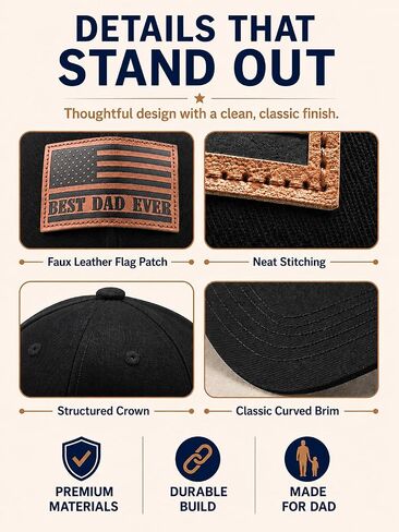 XL Big Head Dad Hats for Men, Best Dad Ever American Flag Leather Patch Cap, Father’s Day, 23.5"-25.5“ Oversized Adjustable Black Baseball Cap for 4th of July, Work, Daily Wear in Saudi Arabia
