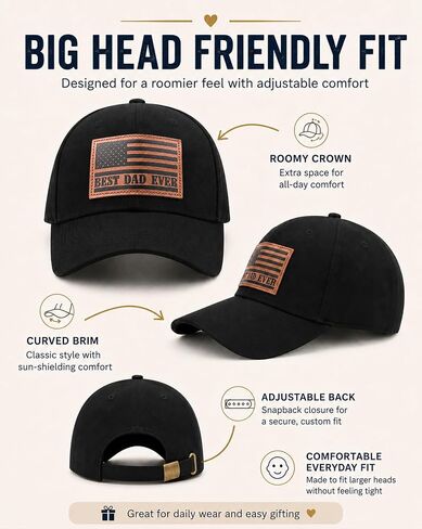 XL Big Head Dad Hats for Men, Best Dad Ever American Flag Leather Patch Cap, Father’s Day, 23.5"-25.5“ Oversized Adjustable Black Baseball Cap for 4th of July, Work, Daily Wear in Saudi Arabia