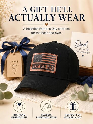 XL Big Head Dad Hats for Men, Best Dad Ever American Flag Leather Patch Cap, Father’s Day, 23.5"-25.5“ Oversized Adjustable Black Baseball Cap for 4th of July, Work, Daily Wear in Saudi Arabia