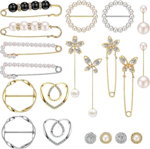 Huquary 20 Pcs Elegant Brooches Jewelry Accessories for Women, Pearl Rhinestone Brooch Safety Pins, Scarf Rings Clip Pin T-Shirt Ties Clips Buckle for Wedding, Party, Daily Wear in Kuwait