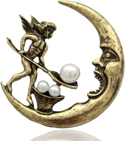 Vintage Golden Q&Q Fashion Antique Tribal Angel Fairy Feeding Moon Cresent Simulated - Pearl Baroque Lapel Brooch Pin in Saudi Arabia