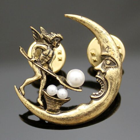 Vintage Golden Q&Q Fashion Antique Tribal Angel Fairy Feeding Moon Cresent Simulated - Pearl Baroque Lapel Brooch Pin in Saudi Arabia