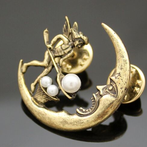 Vintage Golden Q&Q Fashion Antique Tribal Angel Fairy Feeding Moon Cresent Simulated - Pearl Baroque Lapel Brooch Pin in Saudi Arabia