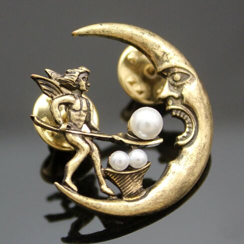 Vintage Golden Q&Q Fashion Antique Tribal Angel Fairy Feeding Moon Cresent Simulated - Pearl Baroque Lapel Brooch Pin in Saudi Arabia