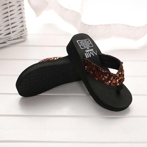 Women's Sequin Wedge Flip Flops, Open Toe Platform Slide Sandals, Comfortable Lightweight Summer Beach Shoes, Fashion Bling Casual Slippers for Vacation, Pool & Party, Non-Slip for Ladies in Saudi Arabia