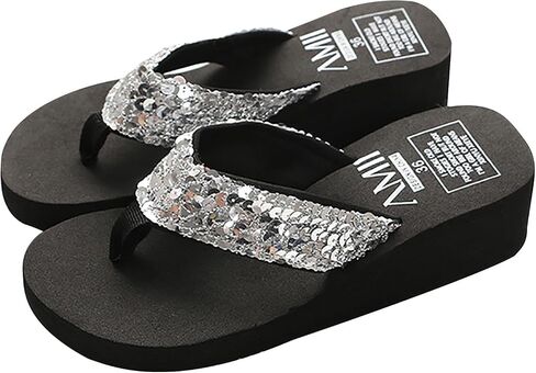 Women's Sequin Wedge Flip Flops, Open Toe Platform Slide Sandals, Comfortable Lightweight Summer Beach Shoes, Fashion Bling Casual Slippers for Vacation, Pool & Party, Non-Slip for Ladies in Saudi Arabia