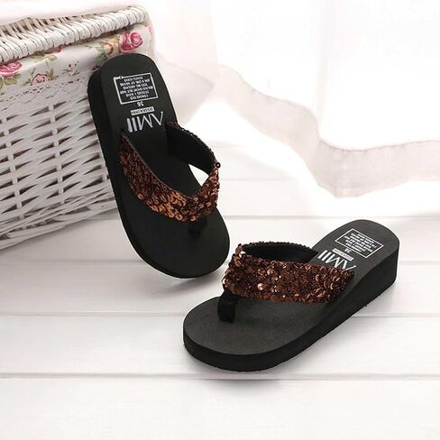 Women's Sequin Wedge Flip Flops, Open Toe Platform Slide Sandals, Comfortable Lightweight Summer Beach Shoes, Fashion Bling Casual Slippers for Vacation, Pool & Party, Non-Slip for Ladies in Saudi Arabia