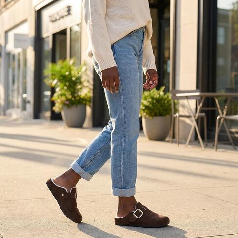 Women's Fuzzy Suede Clogs, Cozy Fur Lined Mules, Slip-On Winter Potato Shoes with Adjustable Buckle Brown in Kuwait
