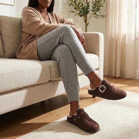 Women's Fuzzy Suede Clogs, Cozy Fur Lined Mules, Slip-On Winter Potato Shoes with Adjustable Buckle Brown in Kuwait