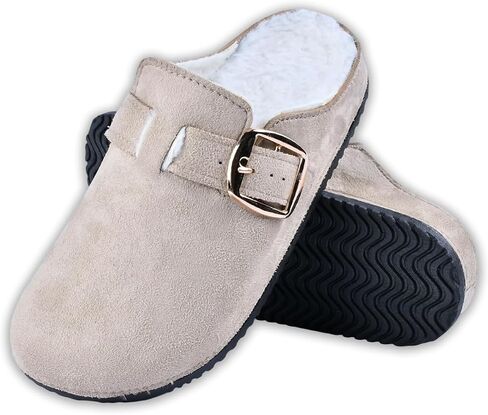 Women's Fuzzy Suede Clogs, Cozy Fur Lined Mules, Slip-On Winter Potato Shoes with Adjustable Buckle Brown in Kuwait