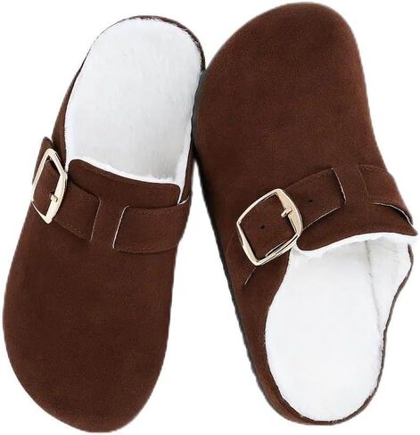 Women's Fuzzy Suede Clogs, Cozy Fur Lined Mules, Slip-On Winter Potato Shoes with Adjustable Buckle Brown in Kuwait