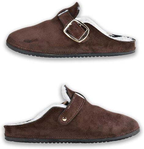 Women's Fuzzy Suede Clogs, Cozy Fur Lined Mules, Slip-On Winter Potato Shoes with Adjustable Buckle Brown in Kuwait