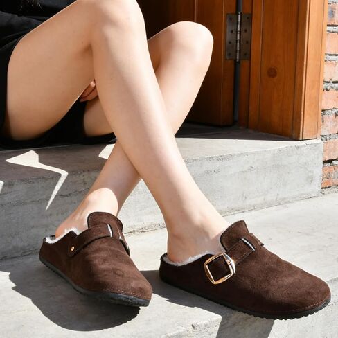 Women's Fuzzy Suede Clogs, Cozy Fur Lined Mules, Slip-On Winter Potato Shoes with Adjustable Buckle Brown in Kuwait