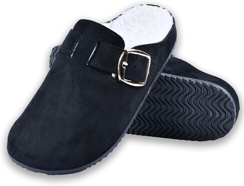 Women's Fuzzy Suede Clogs, Cozy Fur Lined Mules, Slip-On Winter Potato Shoes with Adjustable Buckle Brown in Kuwait