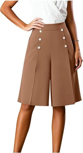 Women's Bermuda Shorts High Waisted Wide Leg Button Decorated Dressy Flowy Culottes Pleated Summer Shorts in Kuwait