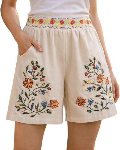 Floral Shorts Embroidered Women Vintage Boho Shorts Retro High Rise Loose Fit Wide Leg Bohemian Bottoms Casual Beach Lounge in Kuwait