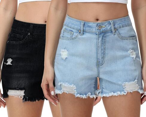 Foucome Women's Denim Shorts Summer Casual Low Waisted Frayed Raw Hem Ripped Denim Jean Shorts in Kuwait