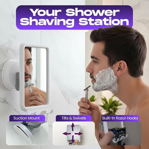 Safe-er-Grip Changing Lifestyles Suction-Mounted Fog-Free Shower Mirror, 360° Swivel Shaving Mirror with 2 Razor Hooks, Removable, Reusable, No-Tool Install, 4.5 x 6 in, White in Saudi Arabia