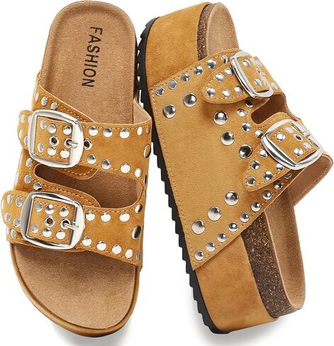 Size 9 Women's Platform Sandals With Cork Footbed Suede Studded Sandals Adjustable Double Buckle Wide Widths Walking Chunky Sandals for Summer Shoes Fashion Thick Soled Mules Slides Beach Footwear in Saudi Arabia