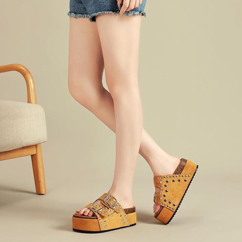 Size 9 Women's Platform Sandals With Cork Footbed Suede Studded Sandals Adjustable Double Buckle Wide Widths Walking Chunky Sandals for Summer Shoes Fashion Thick Soled Mules Slides Beach Footwear in Saudi Arabia