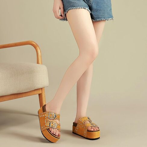 Size 9 Women's Platform Sandals With Cork Footbed Suede Studded Sandals Adjustable Double Buckle Wide Widths Walking Chunky Sandals for Summer Shoes Fashion Thick Soled Mules Slides Beach Footwear in Saudi Arabia