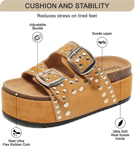 Size 9 Women's Platform Sandals With Cork Footbed Suede Studded Sandals Adjustable Double Buckle Wide Widths Walking Chunky Sandals for Summer Shoes Fashion Thick Soled Mules Slides Beach Footwear in Saudi Arabia