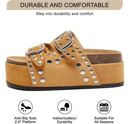 Size 9 Women's Platform Sandals With Cork Footbed Suede Studded Sandals Adjustable Double Buckle Wide Widths Walking Chunky Sandals for Summer Shoes Fashion Thick Soled Mules Slides Beach Footwear in Saudi Arabia