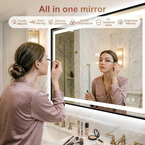 LED Bathroom Mirror with Lights, Black Framed Lighted Vanity Mirror, Front & Backlit, 40"x30", Anti-Fog, Dimmable 3 Color Temperature, Memory, Shatterproof Tempered Glass in Kuwait