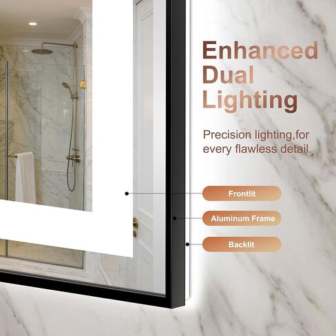 LED Bathroom Mirror with Lights, Black Framed Lighted Vanity Mirror, Front & Backlit, 40"x30", Anti-Fog, Dimmable 3 Color Temperature, Memory, Shatterproof Tempered Glass in Kuwait