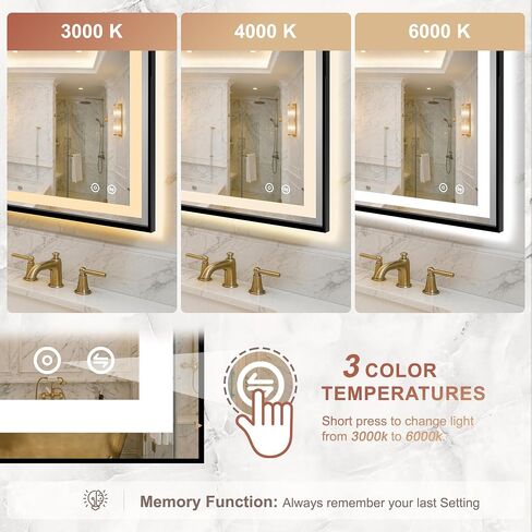 LED Bathroom Mirror with Lights, Black Framed Lighted Vanity Mirror, Front & Backlit, 40"x30", Anti-Fog, Dimmable 3 Color Temperature, Memory, Shatterproof Tempered Glass in Kuwait