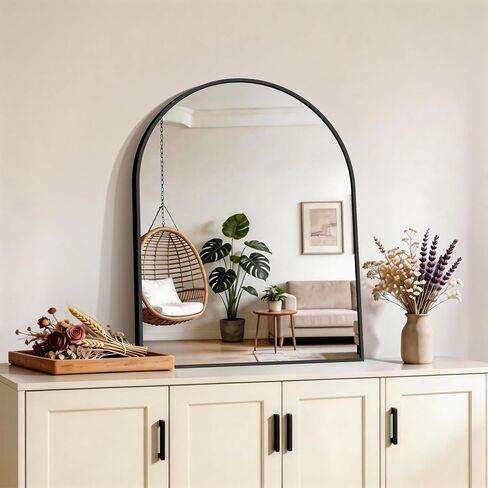 CIRCUMI Arched Wall Mirror 24"x30", Black Metal Frame with Tempered Glass, Large Size Mirror for Bathroom, Over Sink, Living Room, Entryway, Shatterproof & Crystal Clear Black Arched Mirror in Saudi Arabia