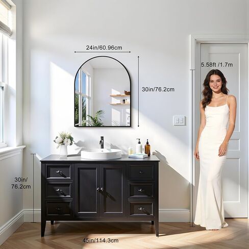 CIRCUMI Arched Wall Mirror 24"x30", Black Metal Frame with Tempered Glass, Large Size Mirror for Bathroom, Over Sink, Living Room, Entryway, Shatterproof & Crystal Clear Black Arched Mirror in Saudi Arabia