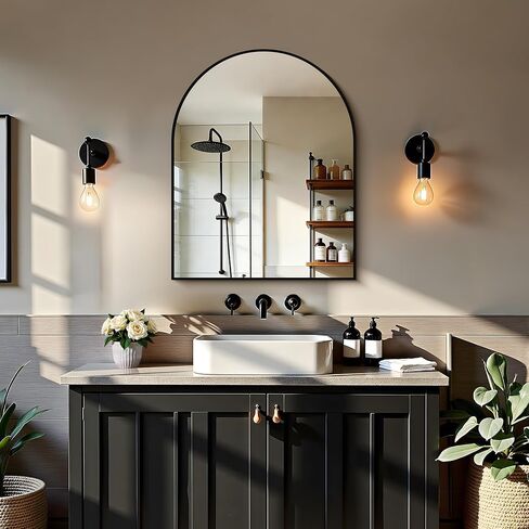 CIRCUMI Arched Wall Mirror 24"x30", Black Metal Frame with Tempered Glass, Large Size Mirror for Bathroom, Over Sink, Living Room, Entryway, Shatterproof & Crystal Clear Black Arched Mirror in Saudi Arabia
