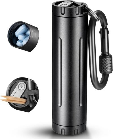2-in-1 Waterproof Pill Holder Keychain & Toothpick Holder | Switch w/tool; thick Al, durable; dual openings clean; large for big pills; carabiner portable; Small Items Storage in Saudi Arabia