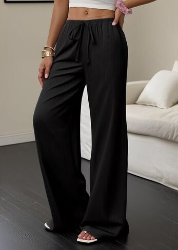 Women's Wide Leg Palazzo Pants Linen High Waist Casual Beach Pant Flowy Loose Dress Lounge Trousers with Pockets in Kuwait