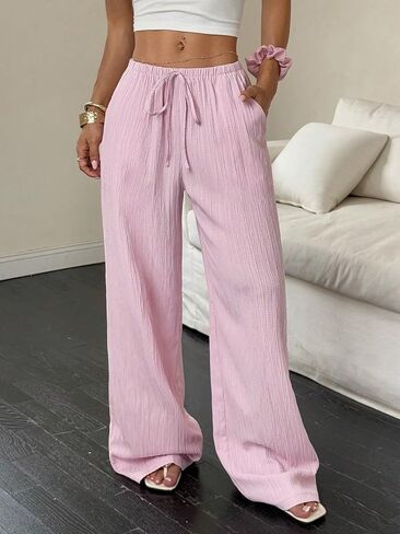 Women's Wide Leg Palazzo Pants Linen High Waist Casual Beach Pant Flowy Loose Dress Lounge Trousers with Pockets in Kuwait