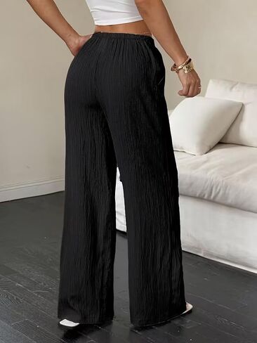 Women's Wide Leg Palazzo Pants Linen High Waist Casual Beach Pant Flowy Loose Dress Lounge Trousers with Pockets in Kuwait