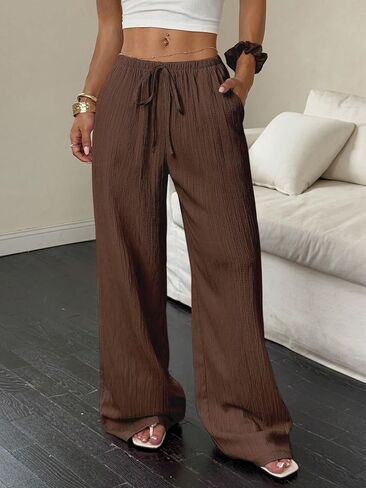 Women's Wide Leg Palazzo Pants Linen High Waist Casual Beach Pant Flowy Loose Dress Lounge Trousers with Pockets in Kuwait