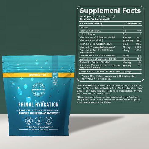Primal Harvest Electrolytes Powder Packets Primal Hydration, Easy Open Packets, Energy Drink Mix (Lemon Berry, 30 Packs) (1 Bag) in Kuwait
