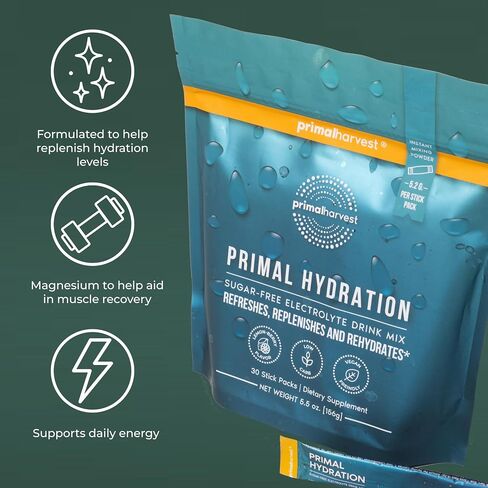 Primal Harvest Electrolytes Powder Packets Primal Hydration, Easy Open Packets, Energy Drink Mix (Lemon Berry, 30 Packs) (1 Bag) in Kuwait