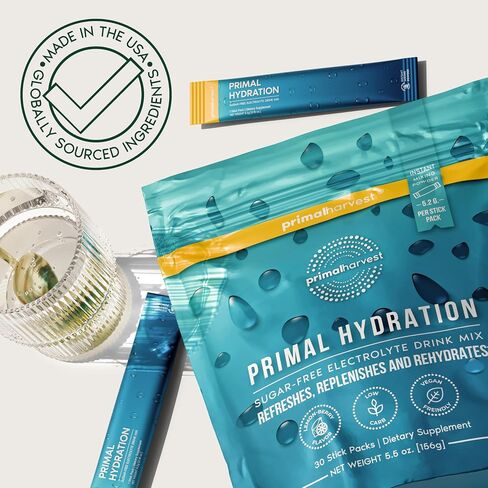Primal Harvest Electrolytes Powder Packets Primal Hydration, Easy Open Packets, Energy Drink Mix (Lemon Berry, 30 Packs) (1 Bag) in Kuwait