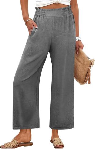 Womens Summer Pants Petite High Waisted Straight Leg Linen Pants Lounge Palazzo Pant Beach Vacation Trousers in Saudi Arabia