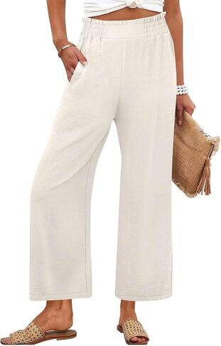 Womens Summer Pants Petite High Waisted Straight Leg Linen Pants Lounge Palazzo Pant Beach Vacation Trousers in Kuwait