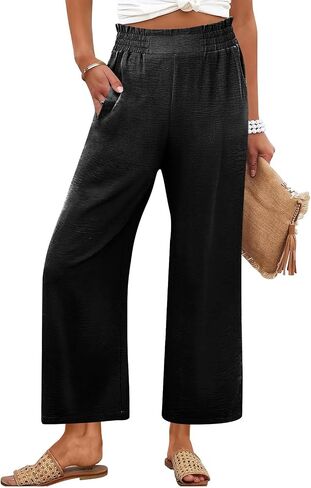 Womens Summer Pants Petite High Waisted Straight Leg Linen Pants Lounge Palazzo Pant Beach Vacation Trousers in Kuwait