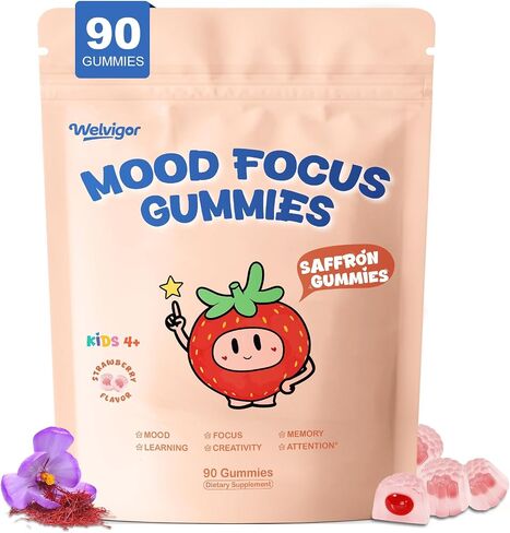 Kids Saffron Gummies: Mood Focus Support with Magnesium Glycinate, L-Theanine for Calm & Sleep, PS, Lion's Mane, Choline Brain Support for School Concentration & Attention, Sugar Free, 90 Ct in Kuwait