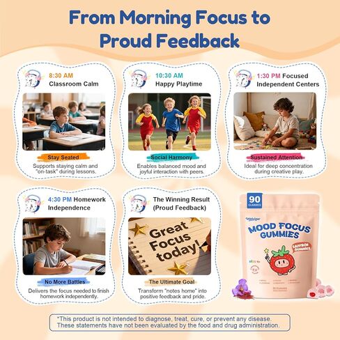 Kids Saffron Gummies: Mood Focus Support with Magnesium Glycinate, L-Theanine for Calm & Sleep, PS, Lion's Mane, Choline Brain Support for School Concentration & Attention, Sugar Free, 90 Ct in Kuwait