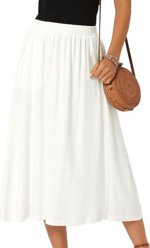 Seta T Women's Linen Skirt Summer Casual Flowy Swing Elastic High Waist A-Line Boho Midi Skirts with Pockets in Kuwait