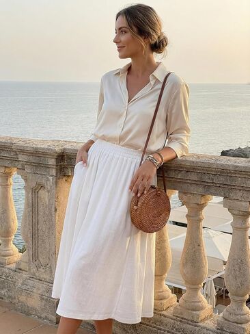 Seta T Women's Linen Skirt Summer Casual Flowy Swing Elastic High Waist A-Line Boho Midi Skirts with Pockets in Kuwait