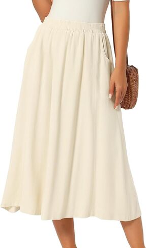 Seta T Women's Linen Skirt Summer Casual Flowy Swing Elastic High Waist A-Line Boho Midi Skirts with Pockets in Kuwait